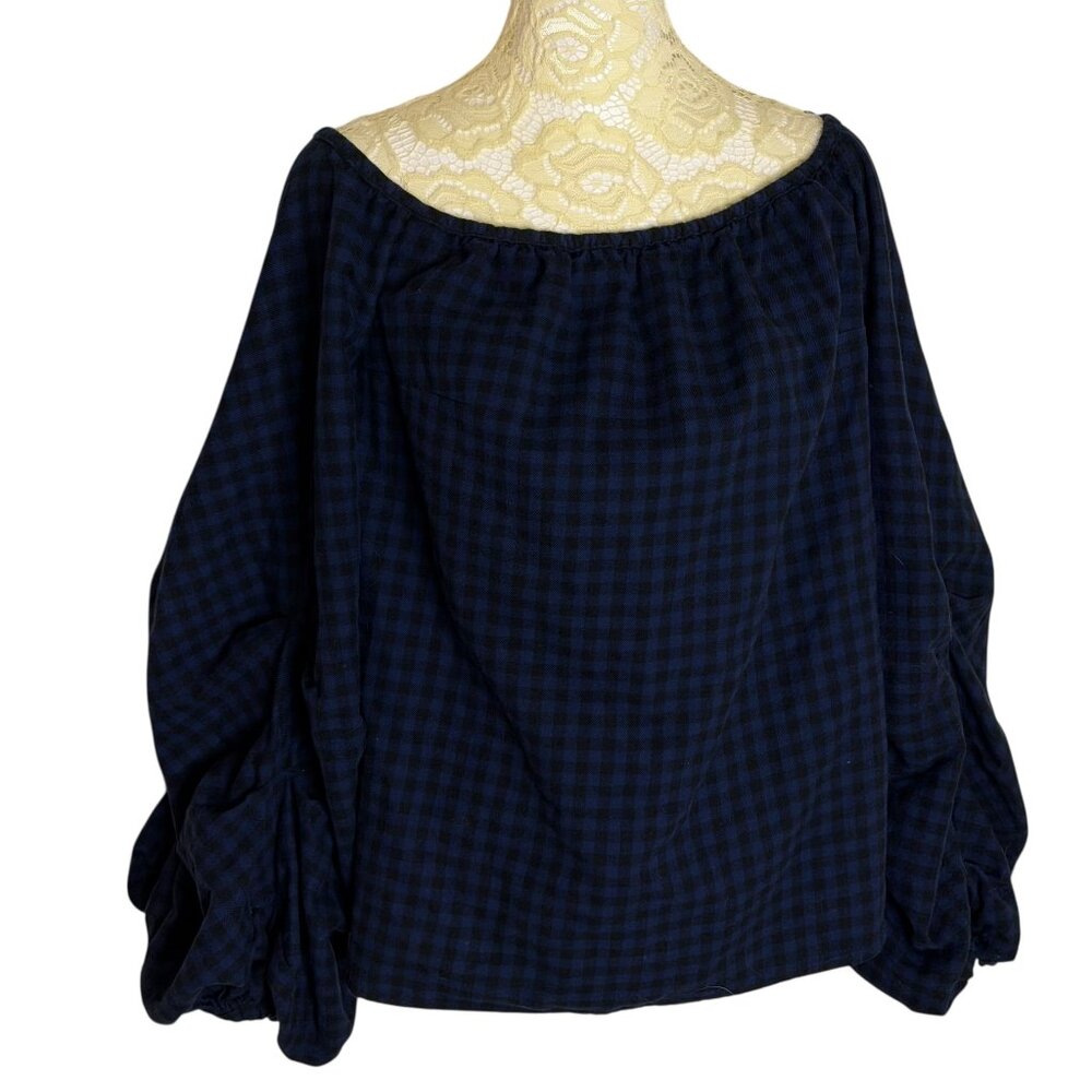 Guest Editor Anthropologie Peasant Blouse Top Shirt Plaid Blue Black S